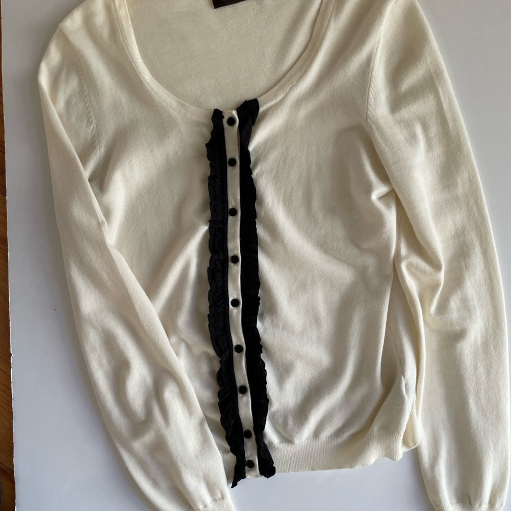 The Limited Chic Ivory Sweater with Black Ruffle Trim